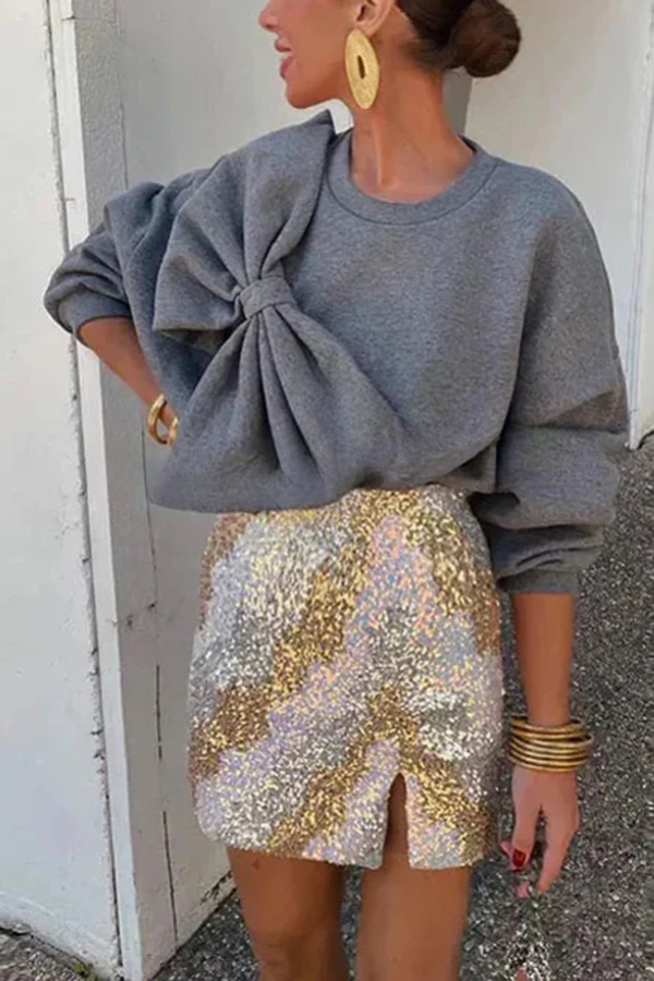 Color Round Neck Long Sleeve Bow Loose Sweatshirts