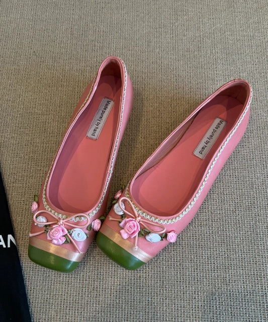 Pink Embroidered Splicing French Flat Shoes for