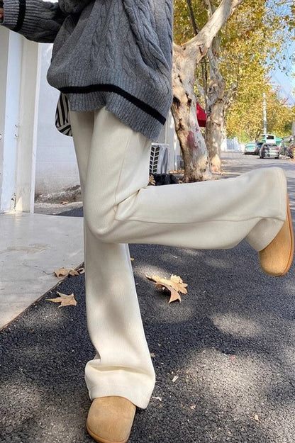 White Plush Flared Knit Pants