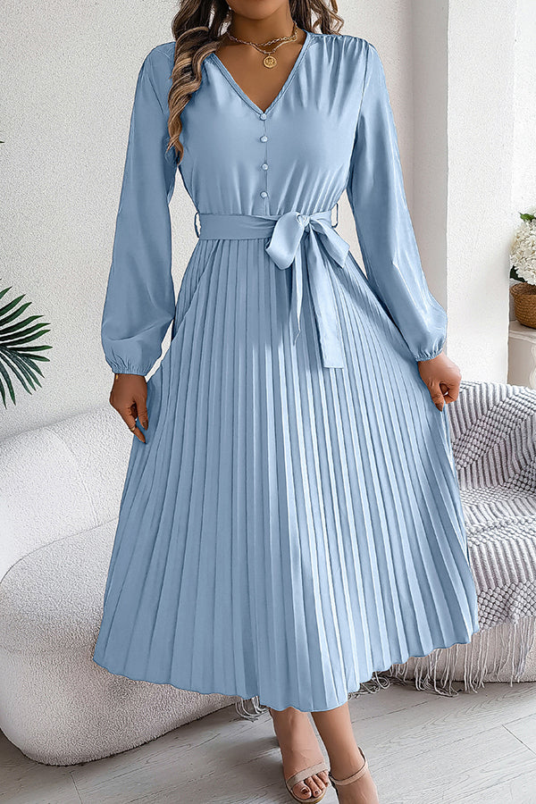 Color V-neck Buttoned Lace-up Pleated Maxi Dress
