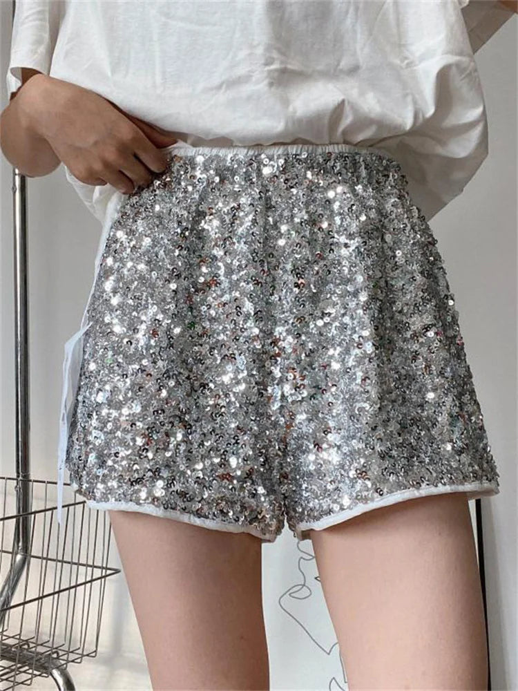 Sequin High Waist Patchwork Shorts for Summer Glitter Baggy Slim High Street Outfit Shorts Tracksuit