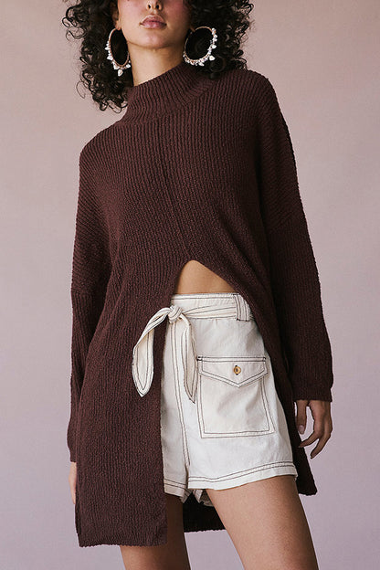 Color Long Sleeve Slit Knitted Sweater