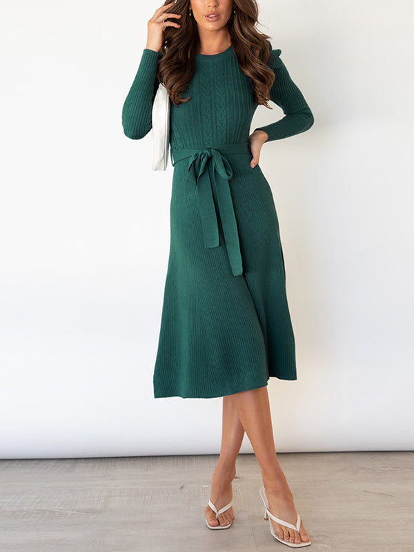 High Waisted Long Sleeves Color Tied Waist Round-neck Midi Dresses Sweater Dresses