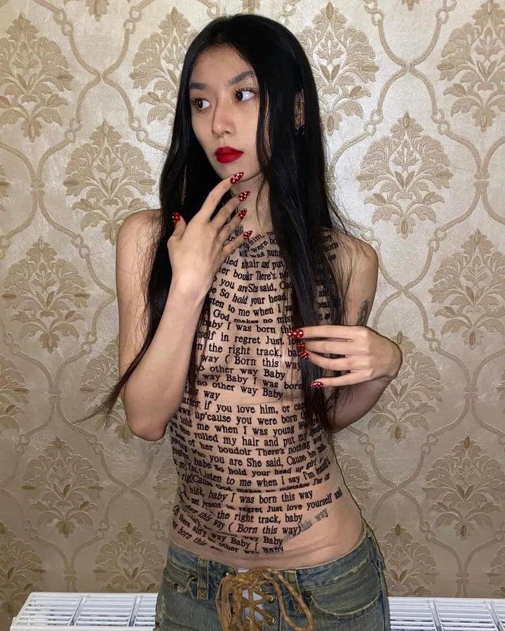Mesh Letter Printted T-shirt O-neck See Through Tank Tops With Golve High Street Basic Slim Y2k Top Tee Shirts