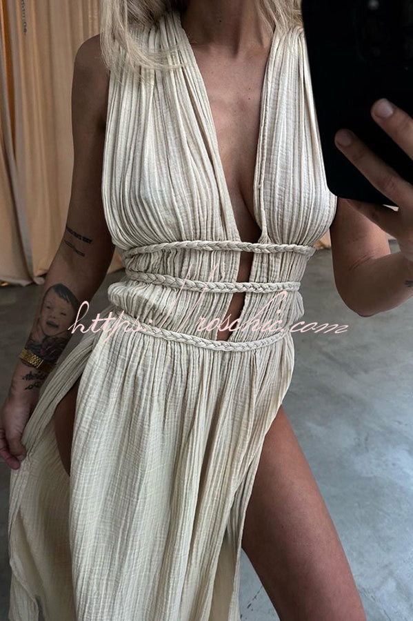With Elegance Linen Blend Braids Belt Cutout Slit Kaftan Maxi Dress