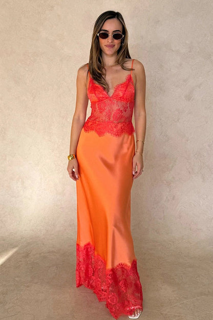 Deep V Sheer Lace Patchwork Maxi Dress