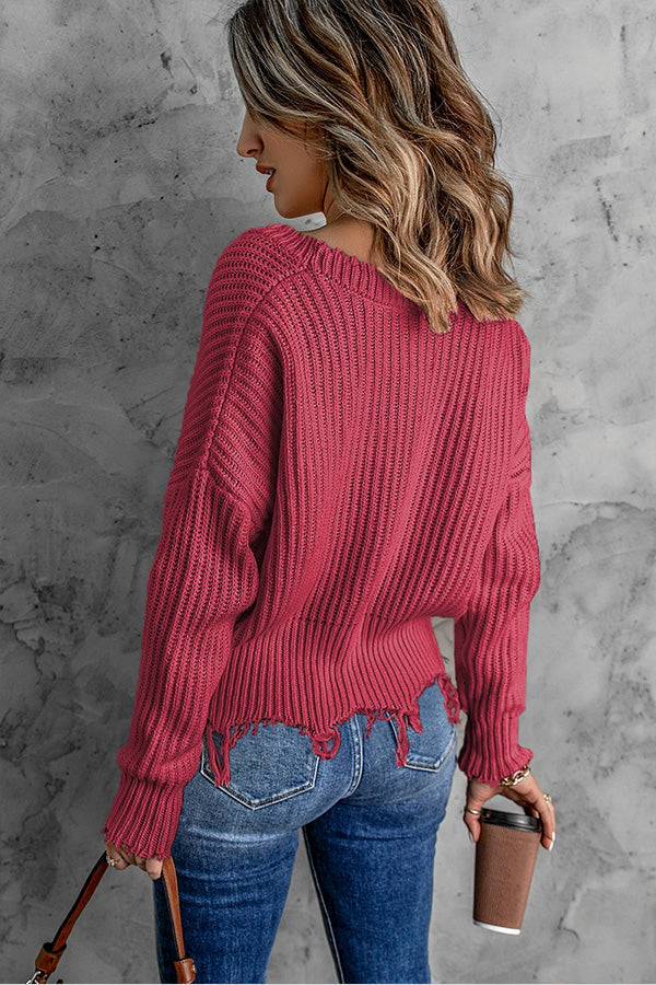 Tassel Hem Pullover V Neck Sweater