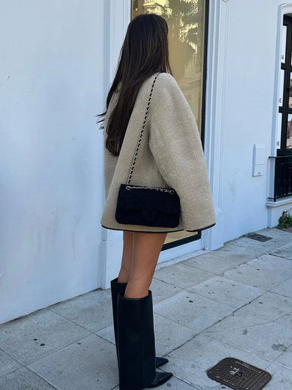 Round Neck Furry Jacket for New Autumn Winter Single Breasted Pocket Coat Female Warm Fleece Lady Outerwear