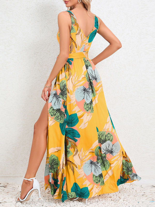 A-line Loose Flower Print Pleated Split-front Tied Waist V-neck Maxi Dresses