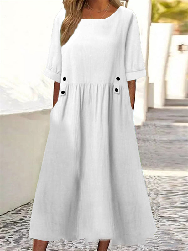 A-line Loose Buttoned Pleated Pockets Round-neck Midi Dresses