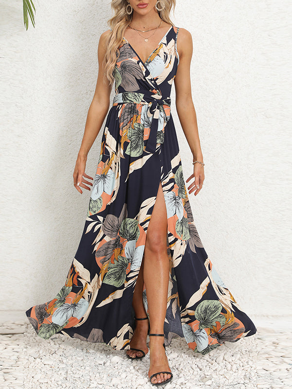 A-line Loose Flower Print Pleated Split-front Tied Waist V-neck Maxi Dresses