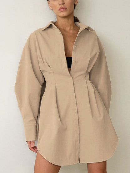 Fold Pleated Detail Shirt Long Sleeve Mini Dress