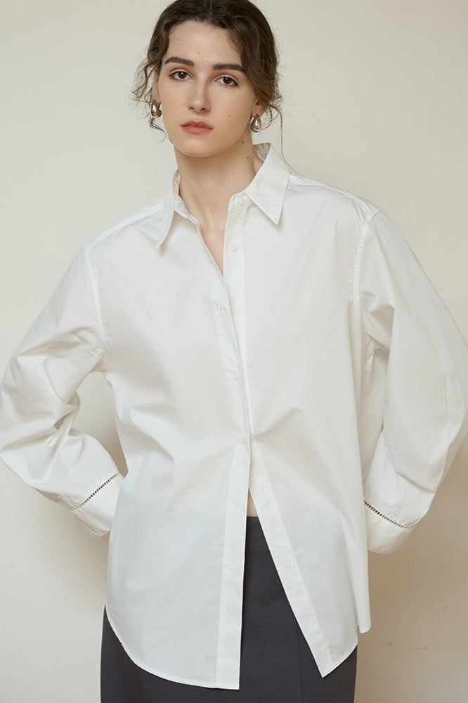 White High-density Cotton Long-sleeve Collared Blouse