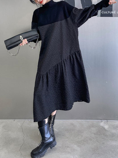 A-line Long Sleeves Asymmetric Color Split-joint High-neck Midi Dresses Sweater Dresses