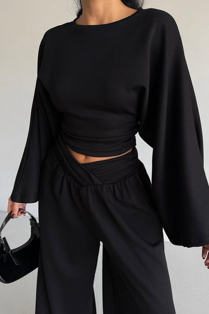 Cinched Waist Flared Sleeve Top Palazzo Pants Set