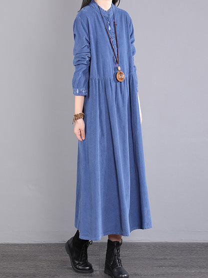 Corduroy Long Sleeves A-line Embroidered Round-neck Midi Dresses