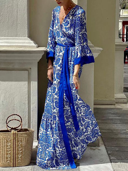 A-line Flared Sleeves Pleated Printed Split-joint Tied Waist V-neck Maxi Dresses