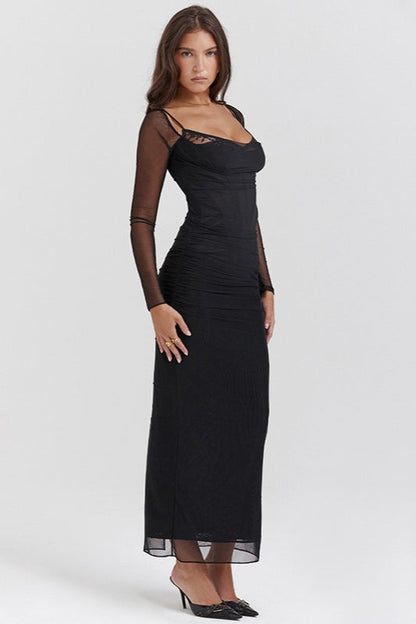 Mesh Lace Patchwork Boned Fitted High Slit Maxi Dress