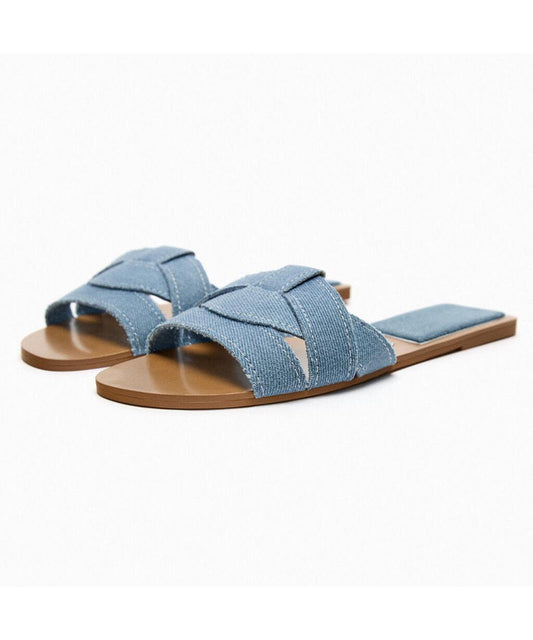 Denim Blue Cross Strap Flat Slippers Peep Toe Toes Summer