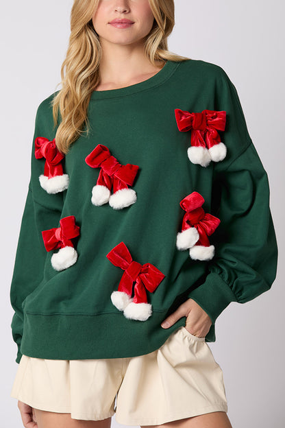 Christmas Bow Embellished Long-sleeved Sweatshirt