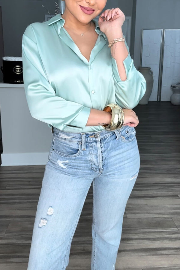 Switch Styles at Will Satin Botton Up Long Sleeve Relaxed Blouse