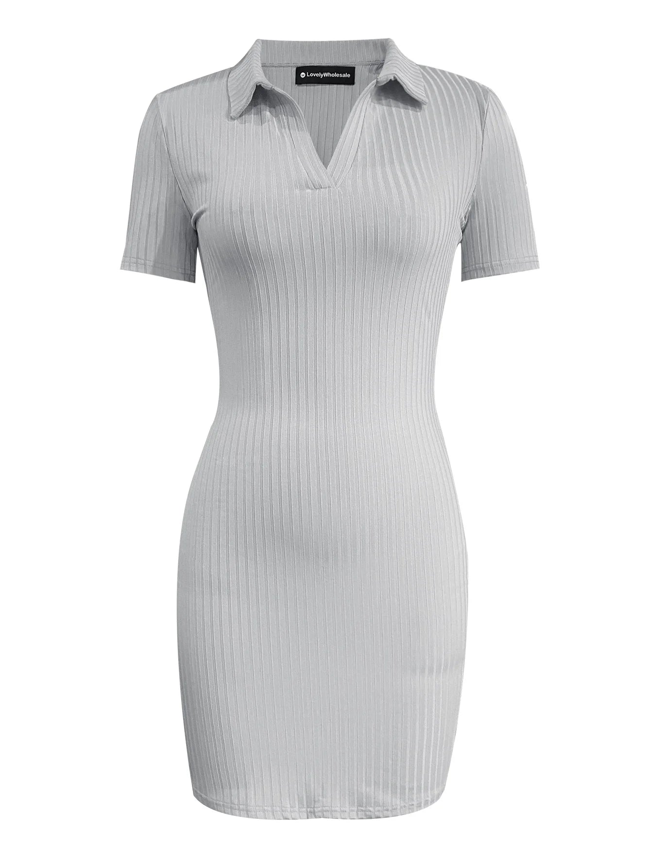 Turndown Collar Color Slim T-shirt Dress Female Skinny Stretchy Short Sleeve Gray Mini Dress