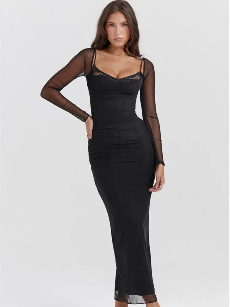 Long Sleeve Mesh Patchwork Lace Double Layer Midi Dress for Autumn Party Clubwear Long Dress