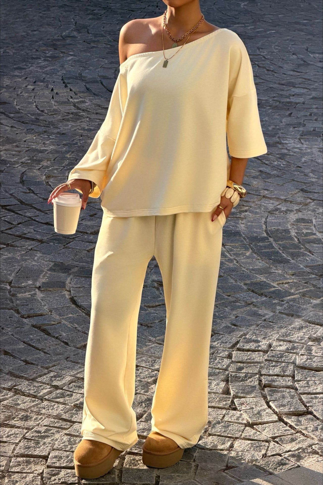 One Shoulder Crop Top Wide Leg Pants Set