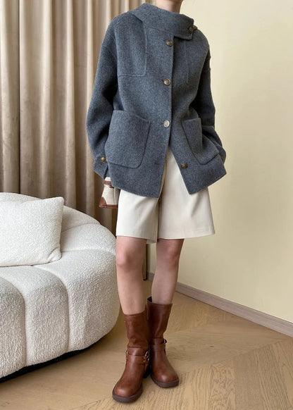 Wool-blend Buttoned Coat With Stand Collar