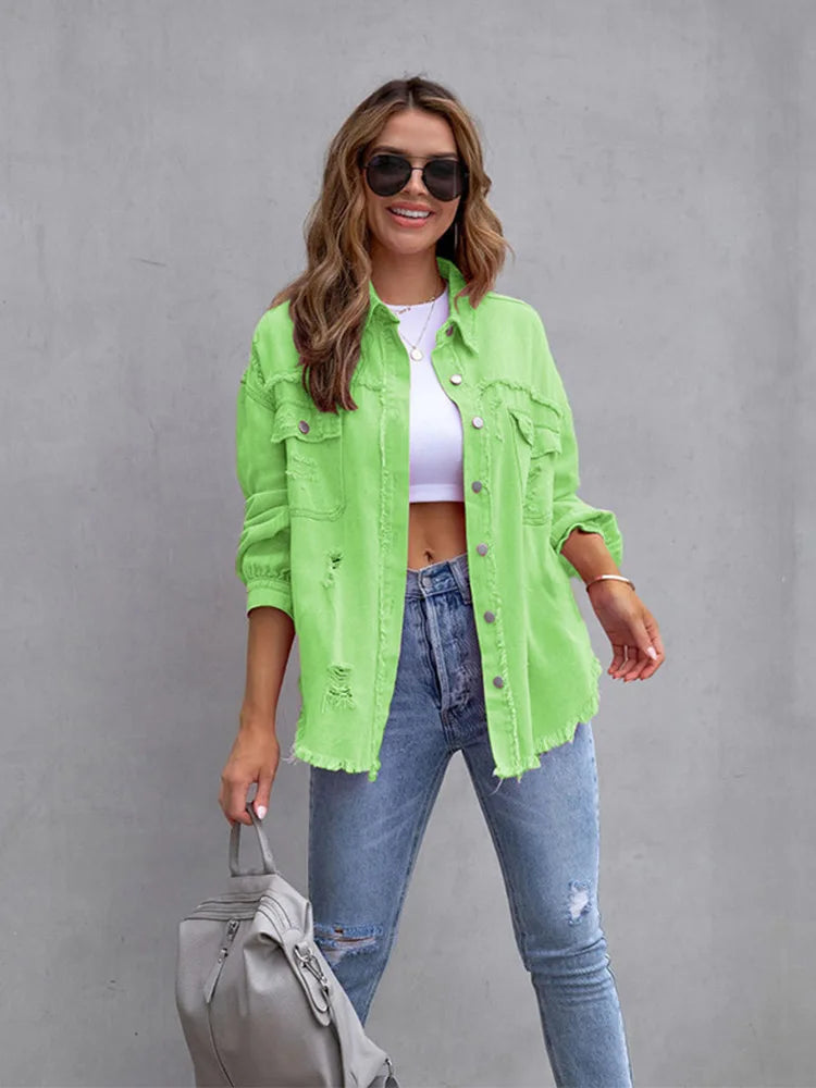 Holes Raw-edges Denim Jacket Spring Autumn Shirt Style Jeancoat Top Rose-red Orange Purple Outerwear Lady Coat