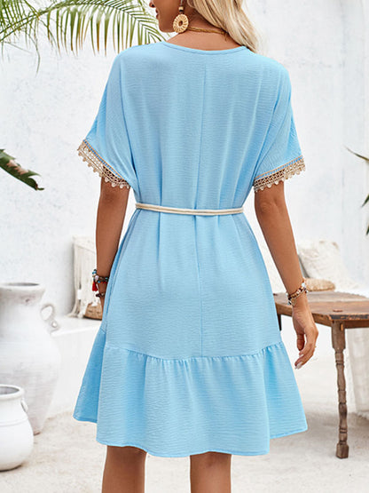 Short Sleeves Belted Split-joint V-neck Mini Dresses