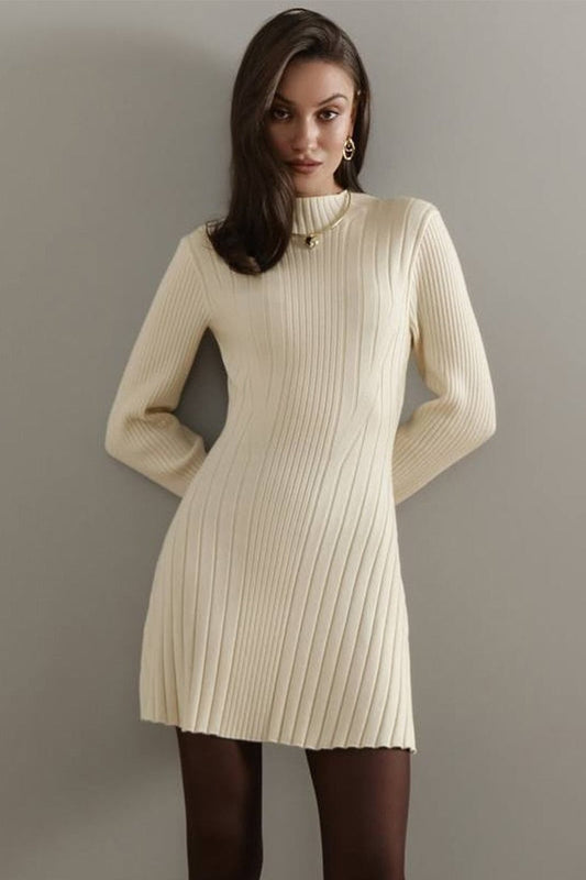 Playful Knit Mock Neck Long Sleeve a Line Mini Dress