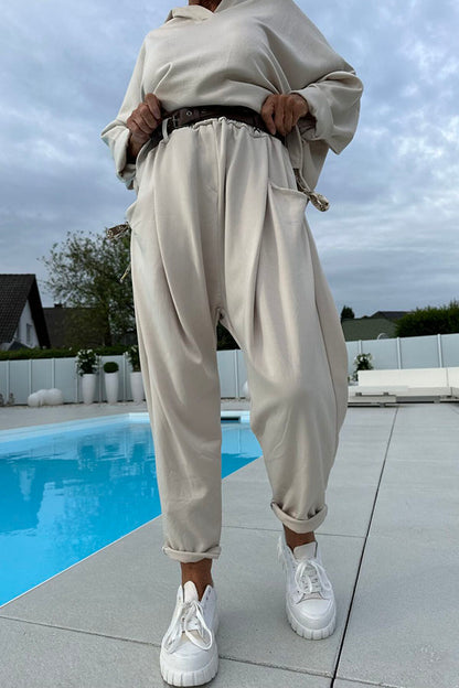 Color Loose Hooded Sweatshirt and Elastic Waist Pocket Pants Set