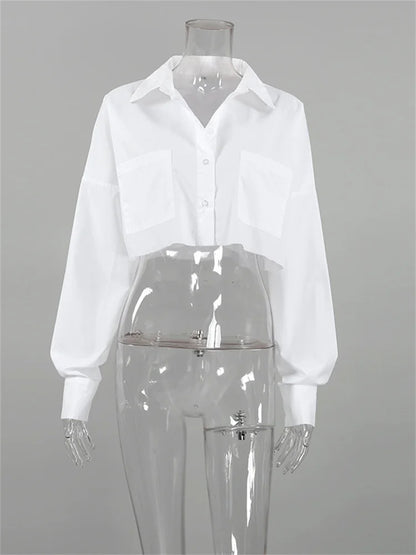 Lapel Pocket Shirts for Long Sleeve Loose Patchwork Crop Top Y2k Outfit High Street Cardigan Blouse