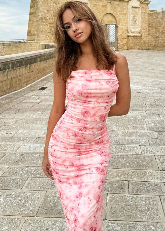Blush Bloom – Ruched Maxi Dress With Spaghetti Straps
