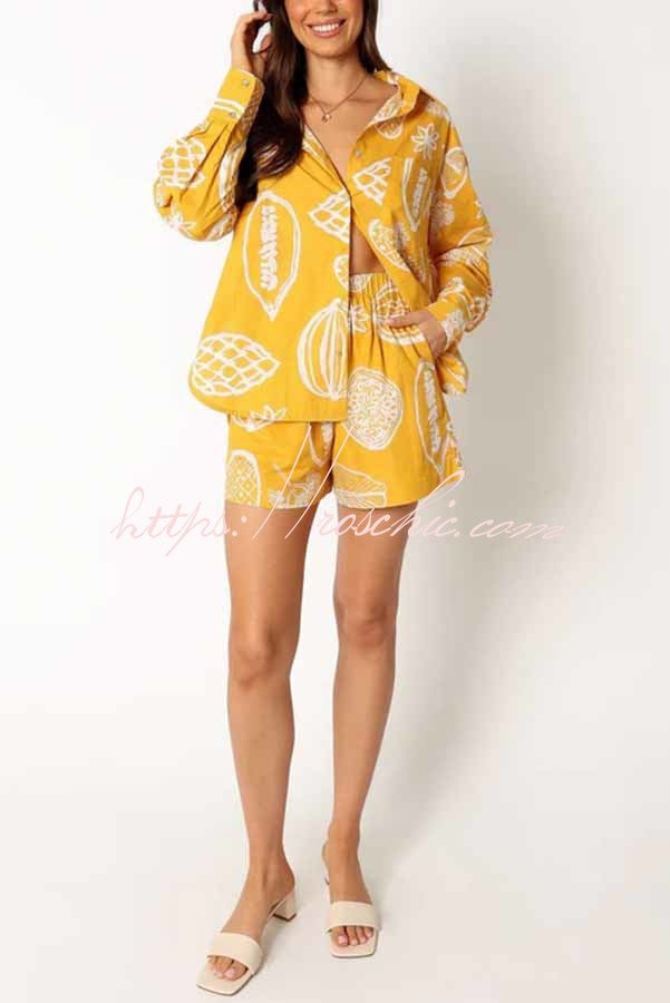 Parkside Tropical Fruit Print Loose Shirt and Elastic Waist Pocketed Shorts Set