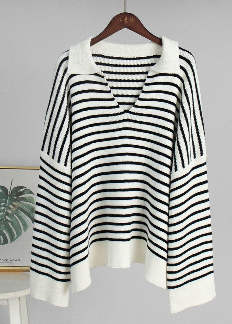 Mariner – Striped V-neck Knit Sweater With Wide Sleeves