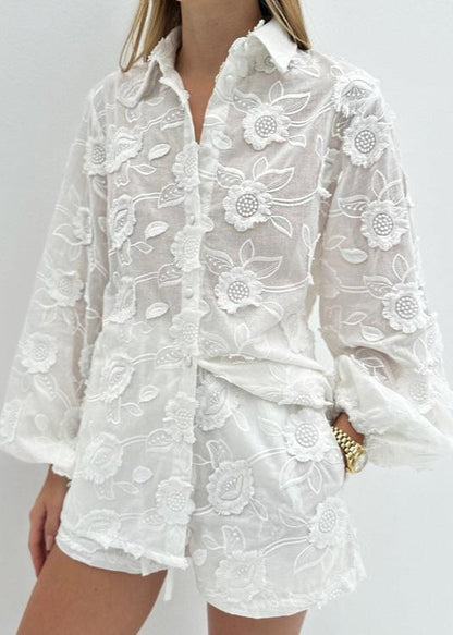 Breeze - Sheer Embroidered Shirt & High-waist Shorts Set