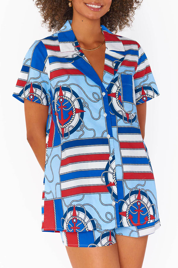 Summer Adventures Unique Print Pocket Loose Shirt and Elastic Waist Shorts Pj / Vacay Set