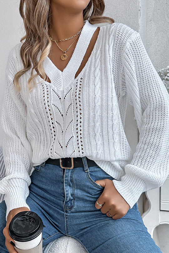Hollow V-neck Long-sleeved Knitted Sweater