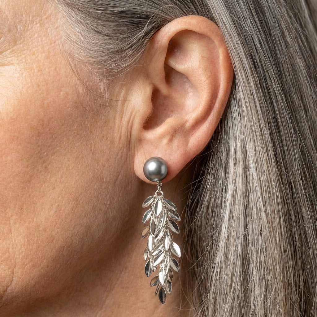 Silver Pearl Leaf Dangle Earrings