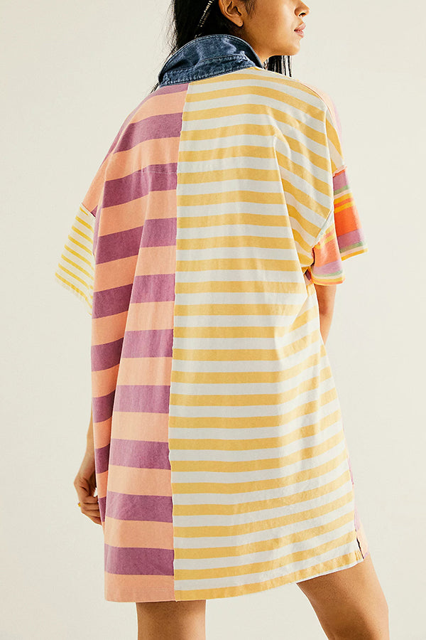 Contrast Striped Patchwork Denim Lapel Loose Mini Dress