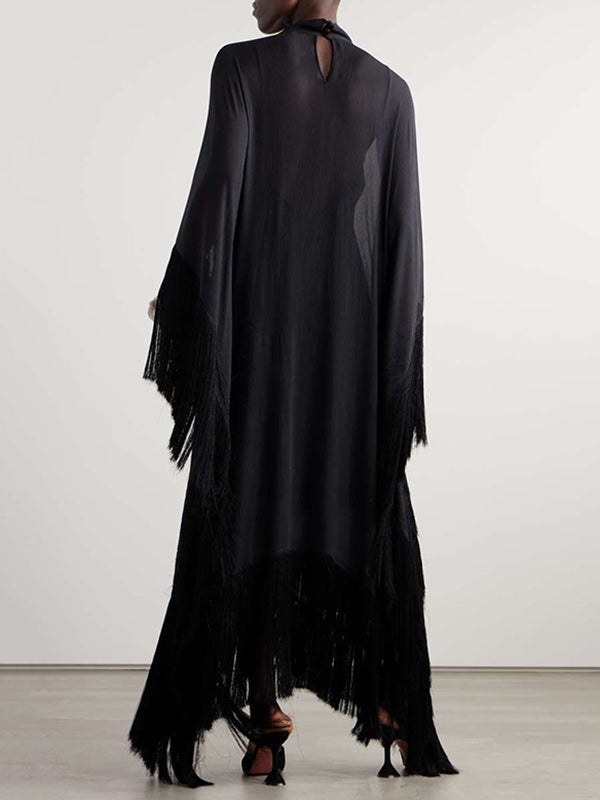 Batwing Sleeves Loose See-through Color Tasseled Mock Neck Maxi Dresses
