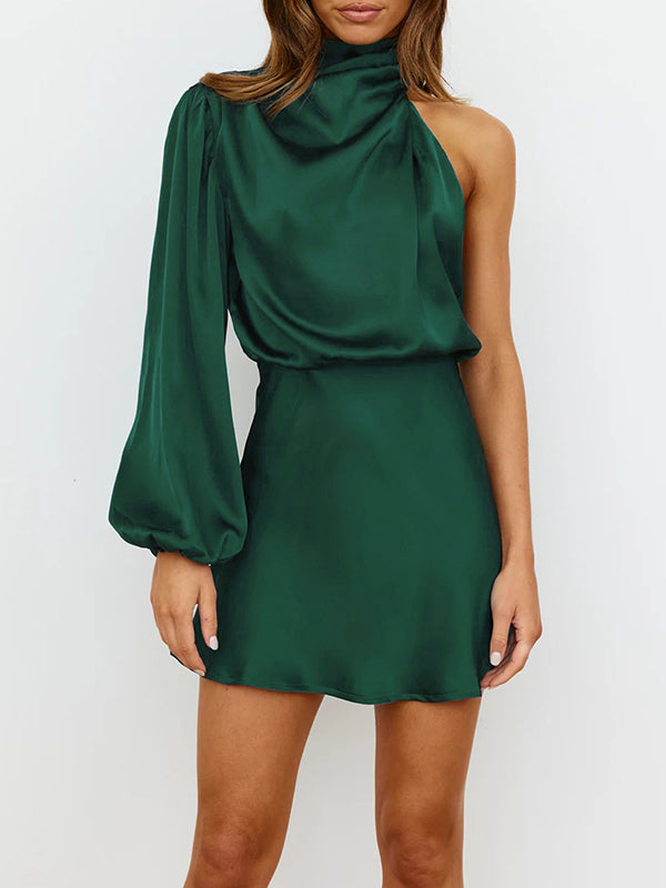 High Waisted Long Sleeves Asymmetric Elasticity Color High Neck Mini Dresses