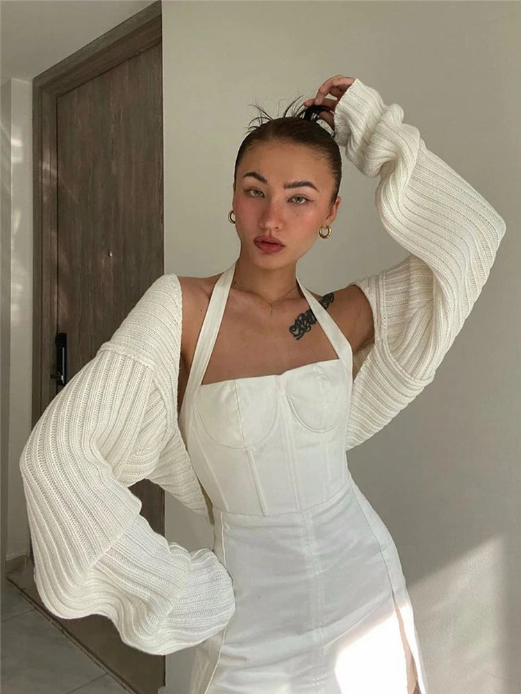 White Sweater Shrugs Cropped Top Full Lantern Sleeve Knitwear Pullover Summer High Street Outwear Spring