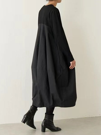 Long Sleeves Loose Split-joint Round-neck Midi Dresses