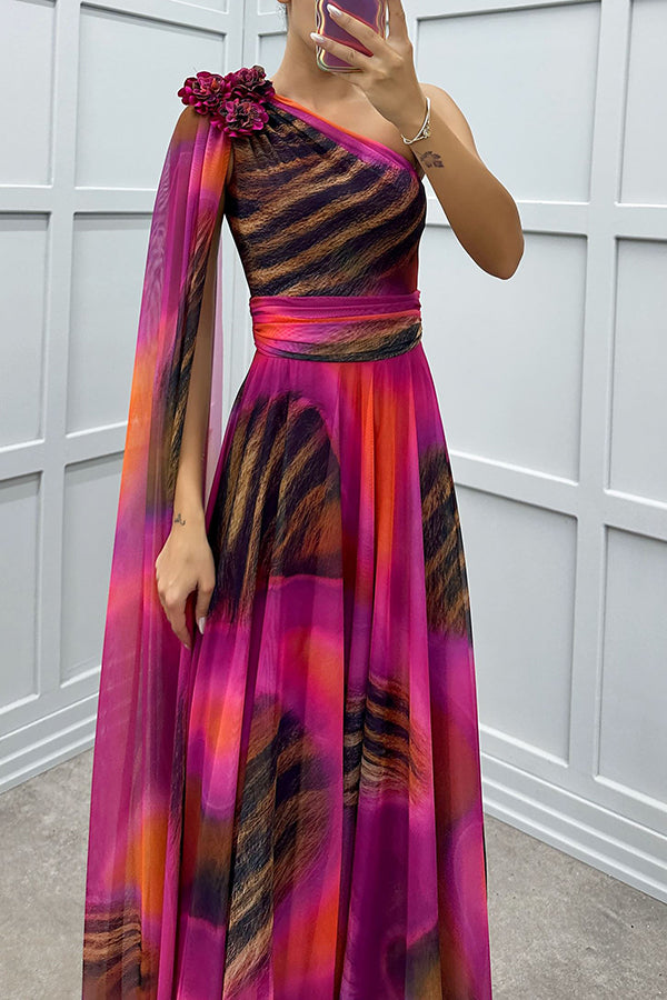 Lucia Unique Print Detail One Shoulder Draped Sleeve Gown Maxi Dress
