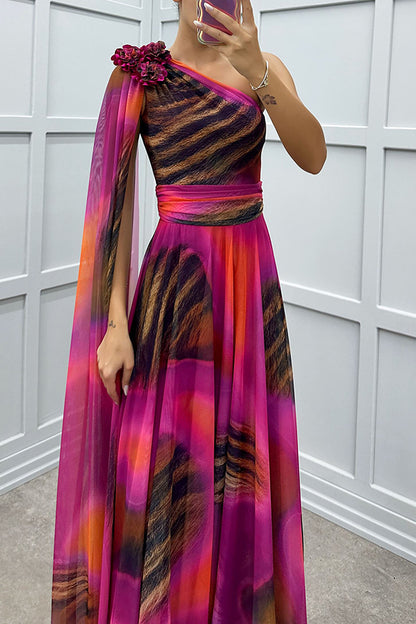 Lucia Unique Print Detail One Shoulder Draped Sleeve Gown Maxi Dress