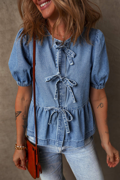 Denim Tie Bow Blouse