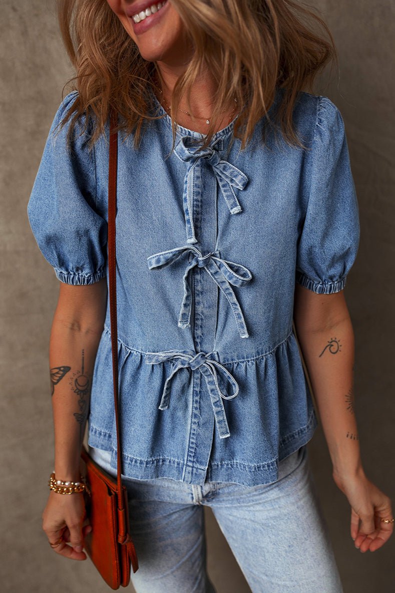 Denim Tie Bow Blouse